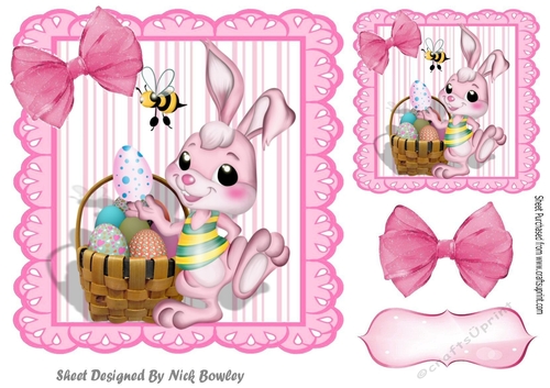 Cute Easter Bunny with basket of eggs with pink bow 7x7 