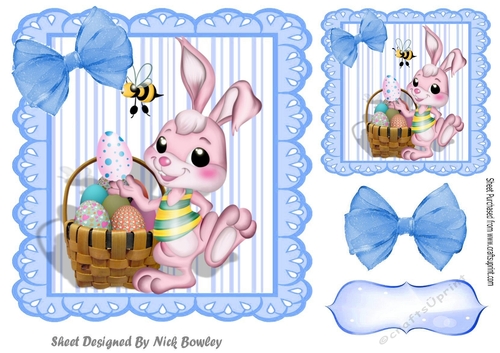 Cute Easter Bunny with basket of eggs with blue bow 7x7