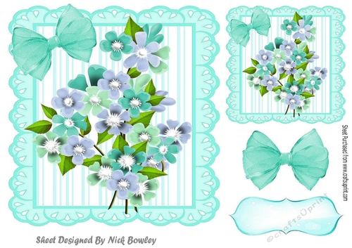 Pretty spring flowers in 7x7 frame with turq bows