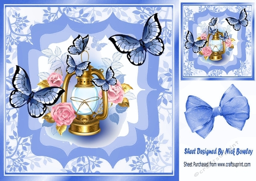 Pretty lamp with flowers/roses and blue butterflies 8x8