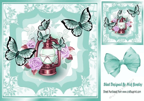 Pretty lamp with flowers/roses and turq butterflies 8x8