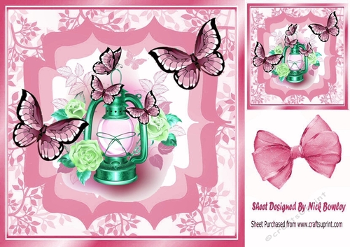 Pretty lamp with flowers/roses and pink butterflies 8x8