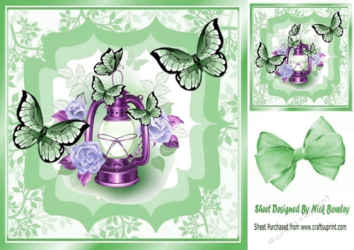 Pretty lamp with flowers/roses and green butterflies 8x8
