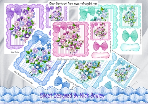  5 Pretty spring flowers in 7x7 frames card fronts with bows mini kit