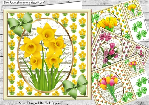 A Variety of 4 lovely spring Card fronts Daffs, flowers, tulips  8x8 mini kit