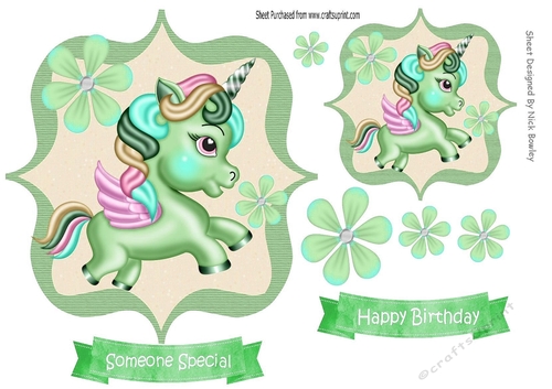Cute little unicorn with flowers toppers (three) green