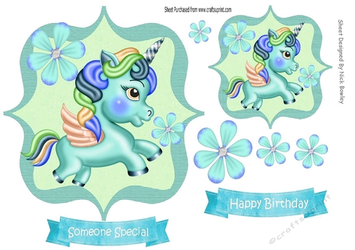 Cute little unicorn with flowers toppers (four) turq