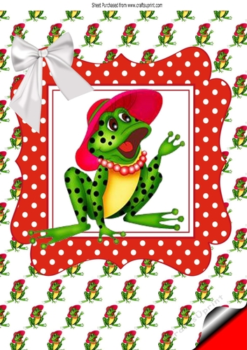 Funny frog in sun hat with polkadot and white bow A4