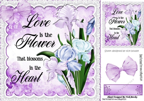 Pretty flowers iris with lilac bow and lace 8x8