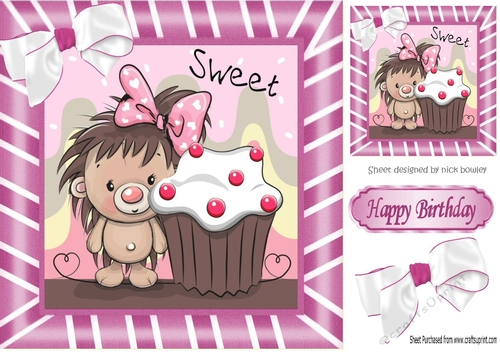Cute Hedgy with Cupcake with bow in pink stripe 8x8 frame