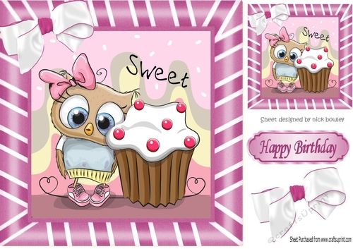 Cute owl with Cupcake with bow in pink stripe 8x8 frame