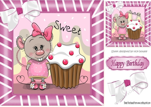 Cute rat with Cupcake with bow in pink stripe 8x8 frame