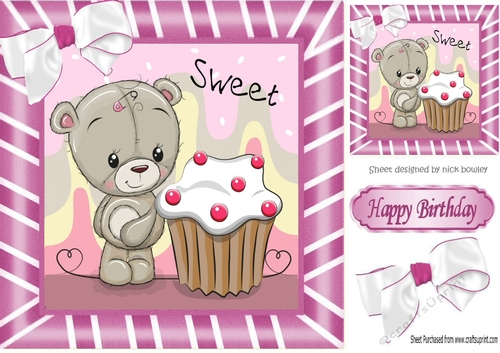 Cute teddy with Cupcake with bow in pink stripe 8x8 frame