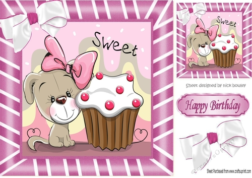 Cute puppy with Cupcake with bow in pink stripe 8x8 frame