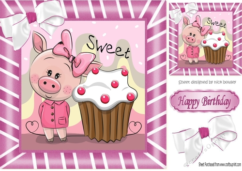 Cute pig with Cupcake with bow in pink stipe 8x8 frame