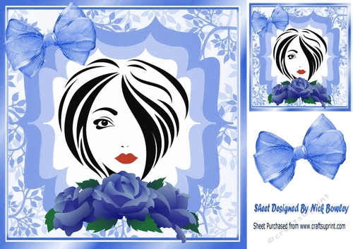 Pretty modern lady with blue roses and bow 8x8