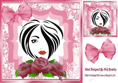 Pretty modern lady with pink roses and bow 8x8