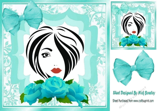 Pretty modern lady with turq roses and bow 8x8