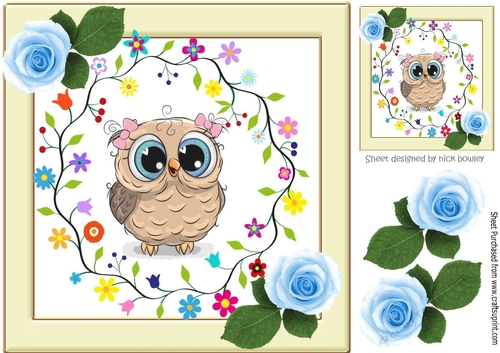 Cute owl with flowers in cream frame with blue roses 8x8