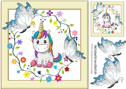 Cute rainbow unicorn with flowers in cream frame with blue butterflies 8x8