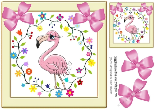 Cute pink flamingo with flowers in cream frame with pink bows 8x8