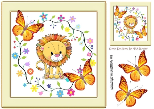 Cute lion with flowers in cream frame with butterflies 8x8