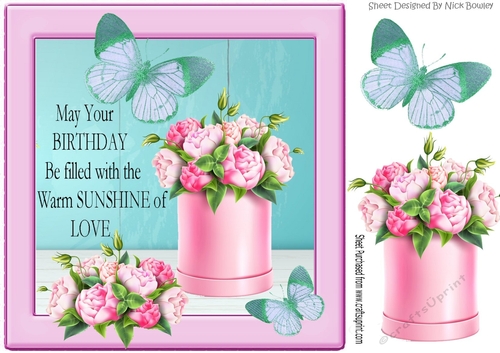 pretty pink roses and turq butterflies 8x8