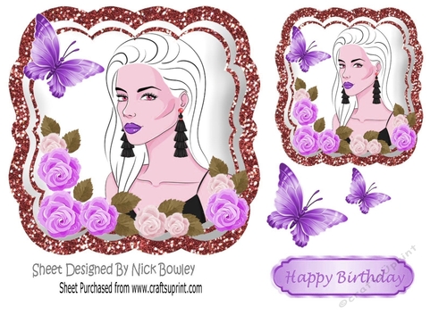 Modern Girl with lilac roses and glitter frame 7x7