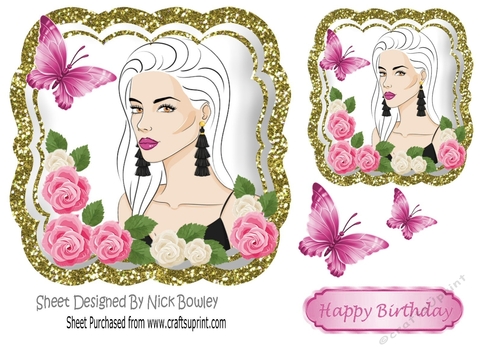 Modern Girl with pink roses and glitter frame 7x7