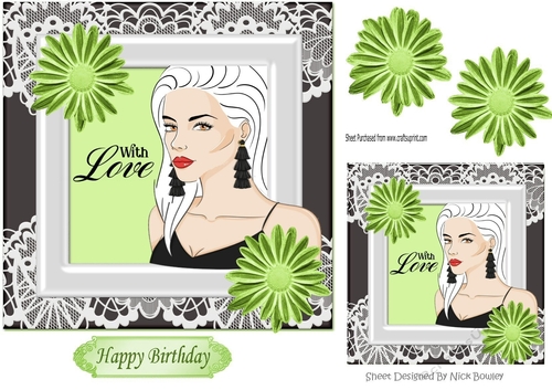 Modern Girl with green flowers in black lace frame 7x7