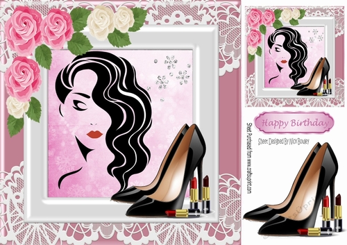 Modern Girl with pink roses and shoes in lace 8x8 frame