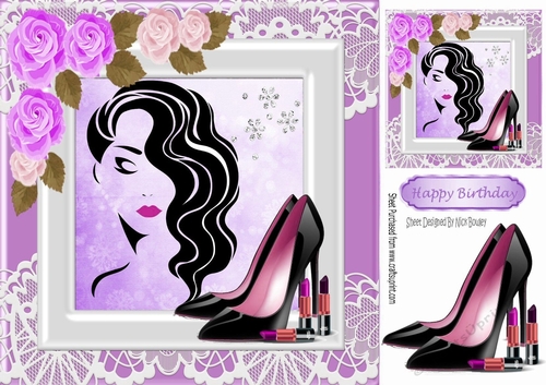 Modern Girl with lilac roses and shoes  in lace frame 8x8