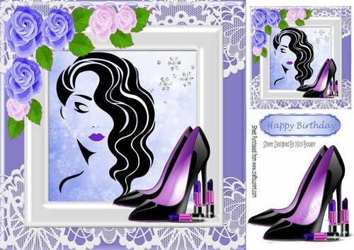Modern Girl with purple roses and shoes  in lace frame 8x8