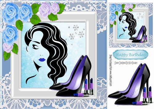 Modern Girl with blue roses and shoes  in lace frame 8x8
