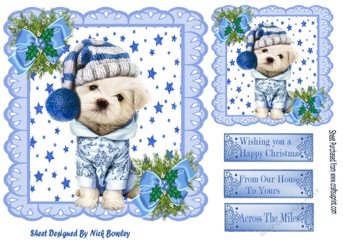 Cute puppy in winter hat with stars blue bows with holly 7x7