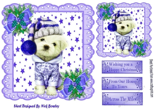 Cute puppy in winter hat with stars purple bows with holly 7x7