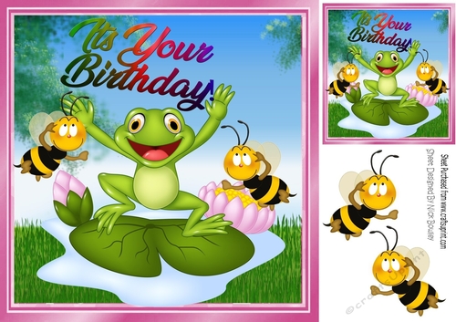 Cute Frog on a lily pad with cheeky bumble bees 8x8
