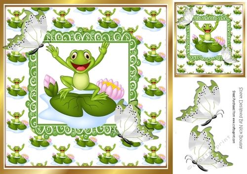 Happy Frog on a lily pad with butterflies 8x8