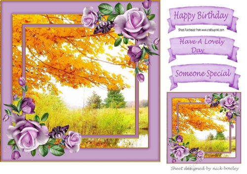 Pretty Autumn Shades woodland with lilac roses 8x8