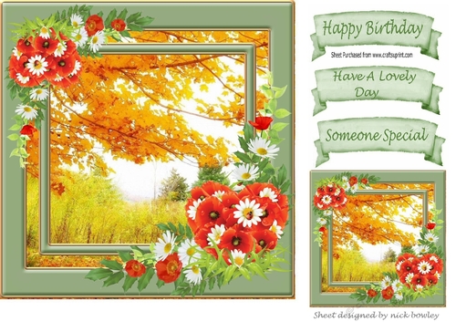 Pretty Autumn Shades woodland with red poppies roses 8x8