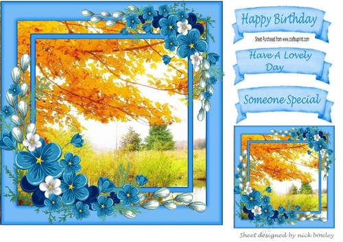 Pretty Autumn Shades woodland with blue flowers 8x8
