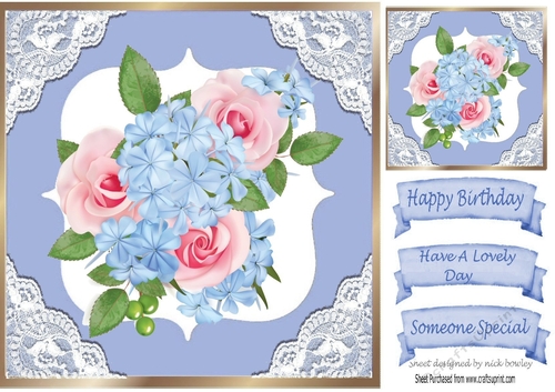 pretty pink/blue flower arrangement with lace 8x8