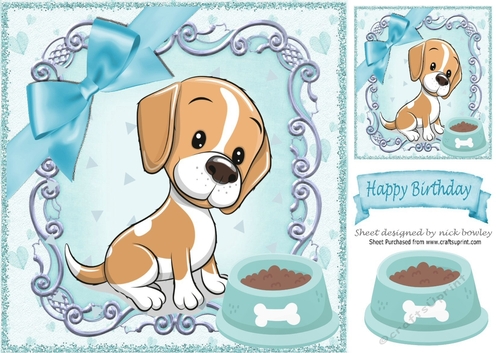 cute puppy with bowl of food in ornate 8x8 frame (blue)