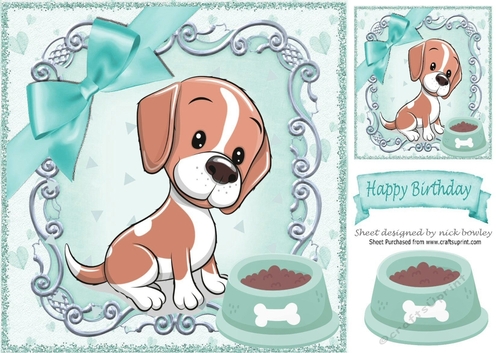 cute puppy with bowl of food in ornate 8x8 frame (turq)