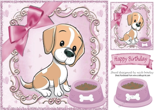 cute puppy with bowl of food in ornate 8x8 frame (pink)