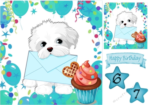 Cute white puppy carrying a card in balloon frame 8x8