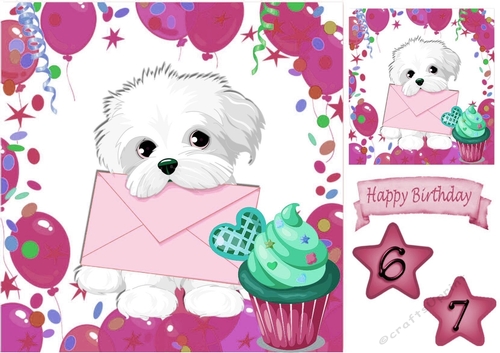 Cute white puppy carrying a card in balloon frame 8x8 (pink)