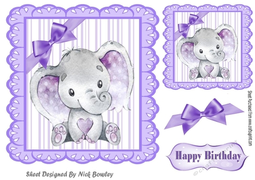 Cute watercolour Elephant with purple corner bow 7x7