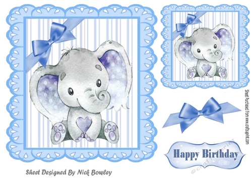 Cute watercolour Elephant with blue corner bow 7x7
