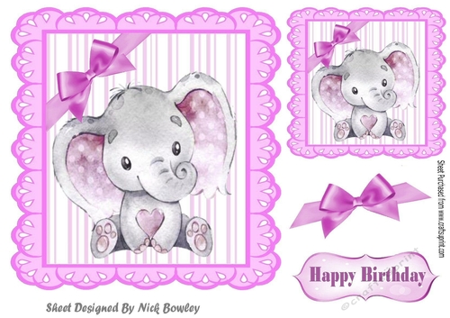 Cute watercolour Elephant pink corner bow 7x7
